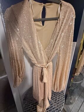 Hot Miami Styles Champagne Sequin Long Sleeve Wrap Dress